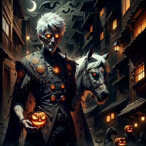 halloween glow style, city, ghost,, (masterpiece,  high quality,  best quality :1.3),  details、 kampala, white haired short hair...