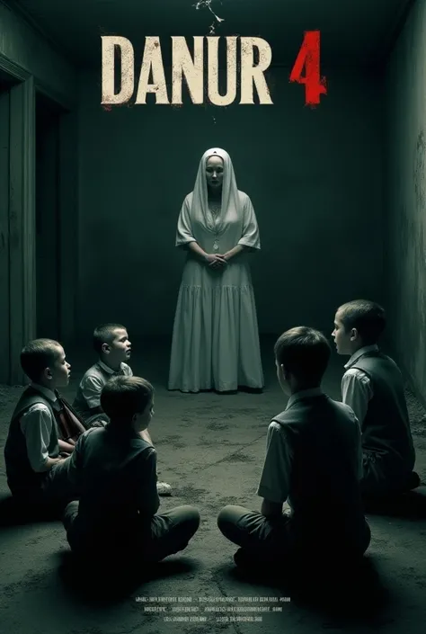 Make a ghost movie poster, on the poster there are 5 Dutch boys in different Dutch school uniforms, One of them was carrying a violin . , they have pale faces, sitting in a circle around a standing adult woman that look pale and sad , shes wear a Withe dre...