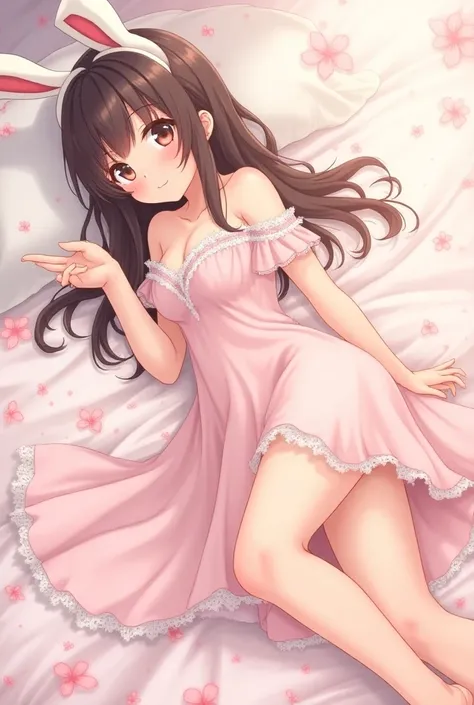  Anime girl in pink dress lying in bed, loli in dress , Hanayamata,  loli anime with dotted illustrations , ecchi, anime goddess, Seductive anime girl, Shirabii,  cute anime waifu in a nice dress , manga shoujo, anime ecchi style, Epic Light Novel Cover, M...