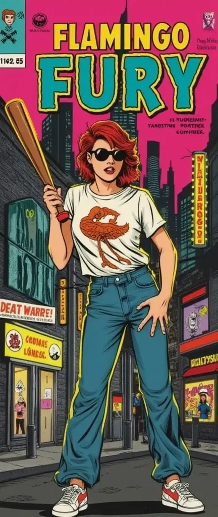 **prompt:** a 1940s comic book cover titled "flamingo fury" showcases a captivating, red-haired woman with a bold, modern edge. ...