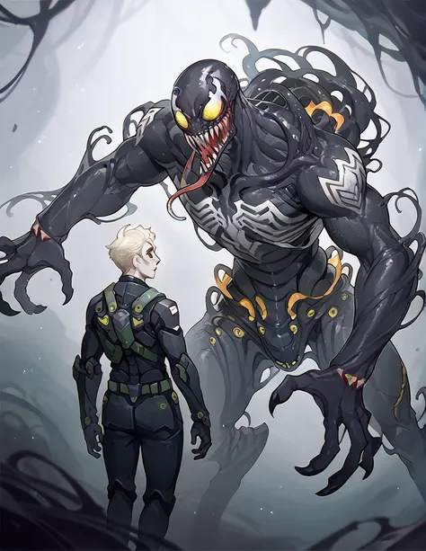 symbiote, white symbiote, venom male, white, all white, white alien amorphous ooze, biological armor, tendrils, flowing ooze sui...