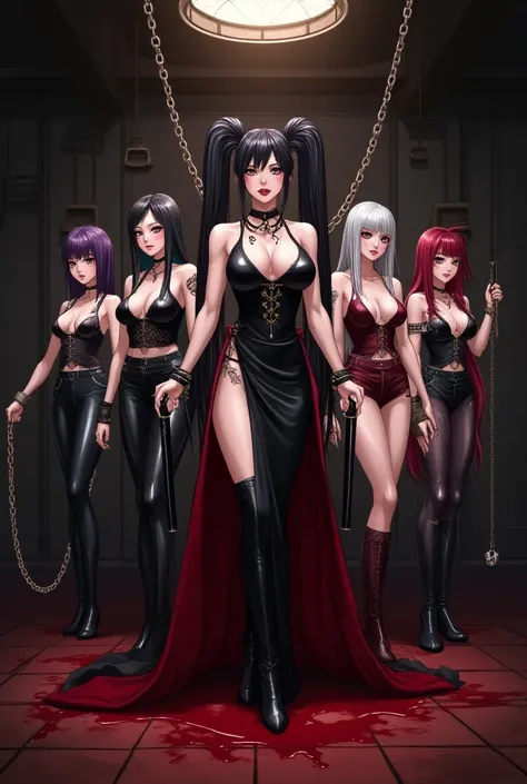  dark and bloody medieval European style basement、BDSM、 restraint for hanging from the ceiling 、Normal size handcuffs on the wall 、Evil female executive、SM Queen、 is a twin tail hairstyle、 shortcuts、Long Hair Randomly 、 Brown Eyes 、Hair color is red 、black...