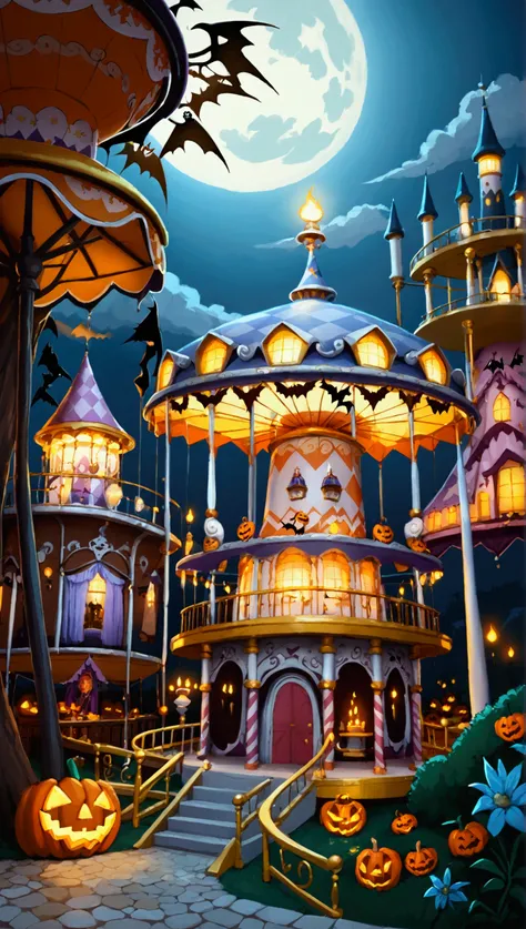  anime and cartoon illustration of a miniature version of an epic village that looks like a carousel, a magic  carousel, bigger than buildins and castles. the carousel is decored for halloween theme. an halloween ambiance as background image .the lightning...