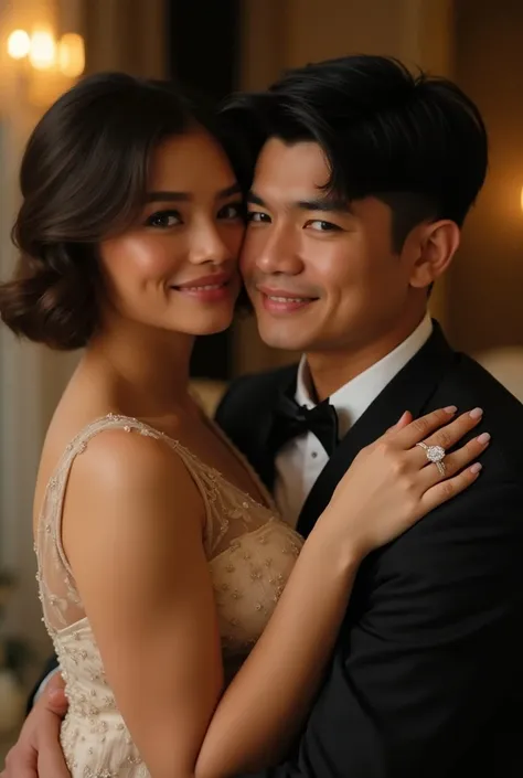  in a luxurious outfit a 25-year-old Filipino man Jericho Rosales strong features , black eyes, stylish short black hair,  strong with her in her arms a pregnant Filipina woman , Andrea Brillantes ,20 years,  illuminated brunette hair short very smooth nat...