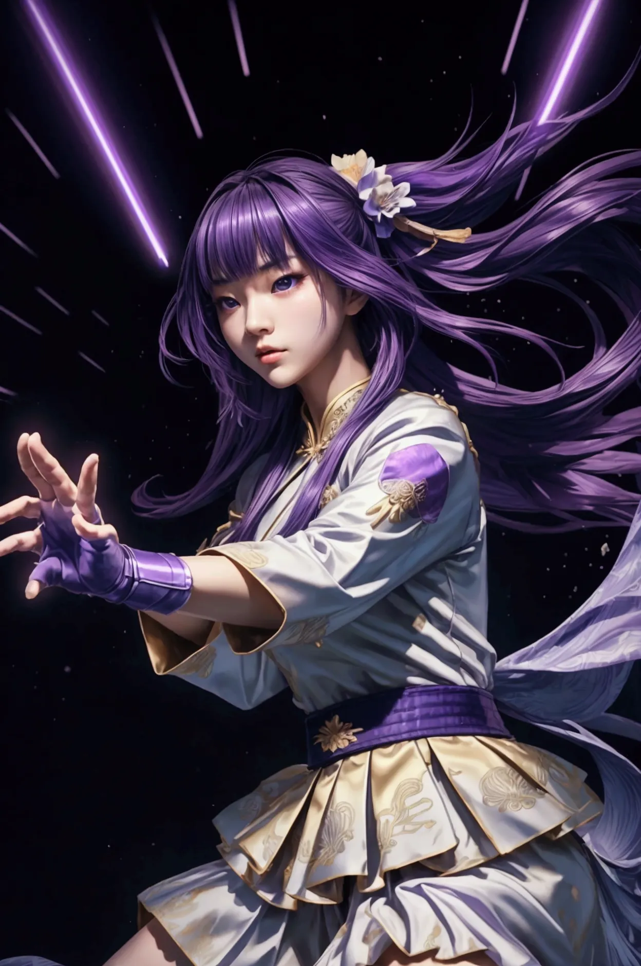  A Beautiful Chinese Girl ,  Sharp eyes ,  Clear Facial Features ,  Wearing a Chinese Dress , fighting stance, martial arts moves,  Body Surrounded by Purple Haze, [ Surrounded Text ,  Holographic Reality , Holographic Glow , motion blur,  Game Light Effec...