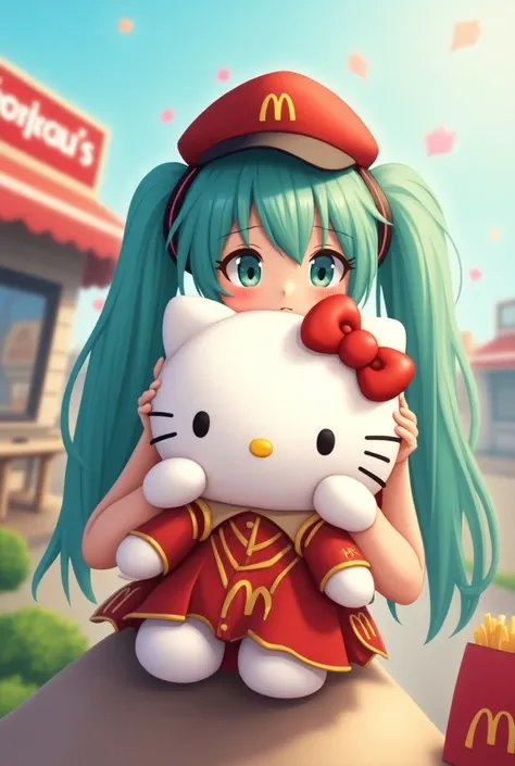 Hatsune Miku hugging a Hello Kitty dressed in a McDonalds uniform