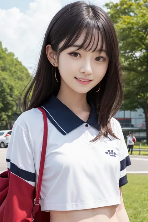 High quality masterpieces , 8k, ,    Japanese girls who can show off their bodies, RAW photo, Winner portrait smile face, 笑face, Alone, uniform, Summer Clothes Idol&#39;face, violet, Gardenia, Delicate girl,  Long Black Hair   , Dark Eyes, Upper body digit...