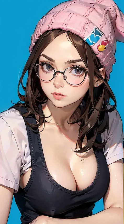 meg griffin, brown hair, black eyes, bob hair, pink beanie, forehead, glasses, solo, black-framed eyewear, round eyewear, big chests, pink shirt, blue pants, short sleeves, sharp focus, perfect hands, perfect light, red background, anime style