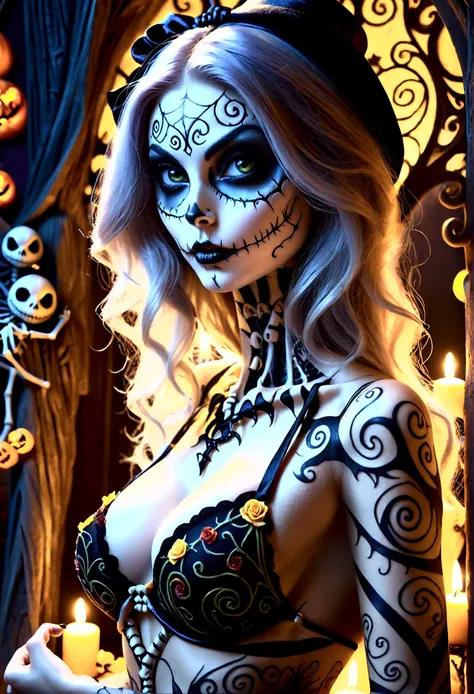 Create a hyper detailed photograph of a nightmare before Christmas tattooed young sexy stunning gorgeous sally Skellington, Stunningly perfect gorgeous face, perfect makeup,detailed vibrant eyes, long hair,detailed perfect beautiful legs, detailed perfect ...