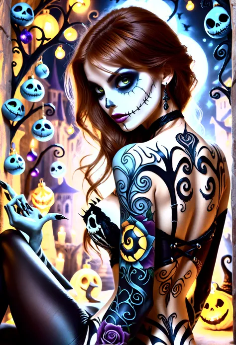 Create a hyper detailed photograph of a nightmare before Christmas tattooed young sexy stunning gorgeous sally Skellington, Stunningly perfect gorgeous face, perfect makeup,detailed vibrant eyes, long hair,detailed perfect beautiful legs, detailed perfect ...