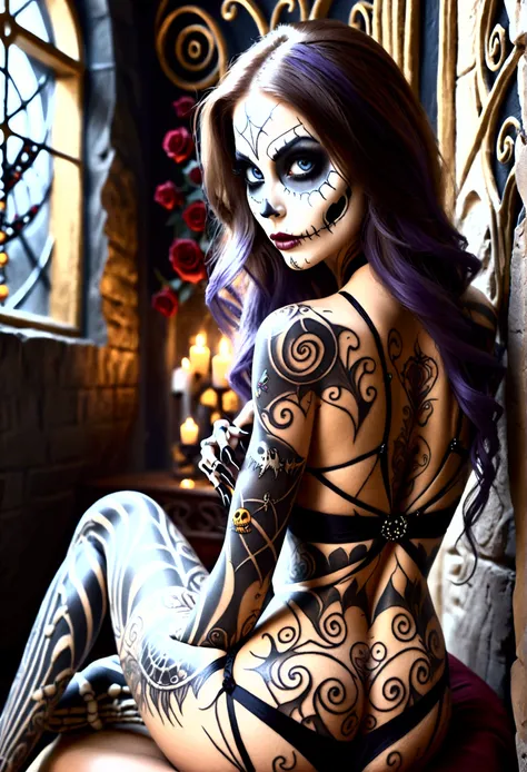 Create a hyper detailed photograph of a nightmare before Christmas tattooed young sexy stunning gorgeous sally Skellington, Stunningly perfect gorgeous face, perfect makeup,detailed vibrant eyes, long hair,detailed perfect beautiful legs, detailed perfect ...