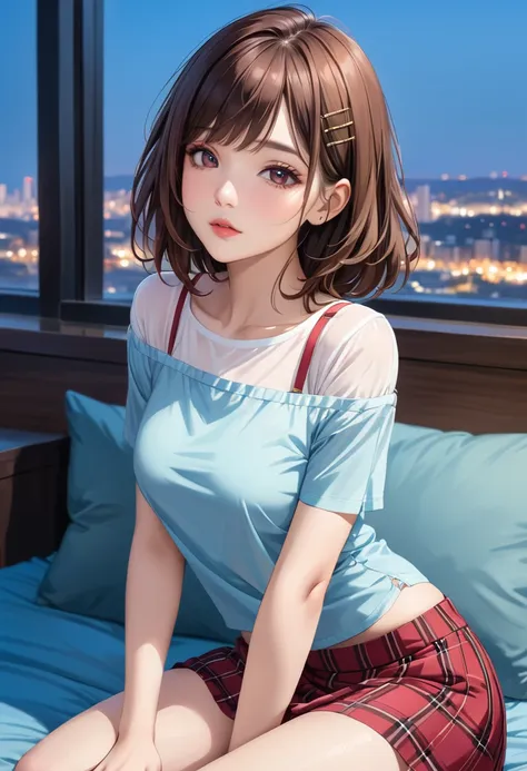 (Ultra-Detailed, Top Quality, High Resolution, Sharp Focus:1.4), (Craftsmanship Hyper-Realistic Photography:1.4), A beautiful 20 year old tiptop woman in an off-shoulder t-shirt, bra straps, plaid flared skirt is sitting on the bed in the hotel room at nig...