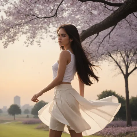 16yo Myanmar woman, long hair, white tank top, short salmon skirt, (skirt fluttering in the wind:1.18), on the golf course, face to camera, jacaranda tree background