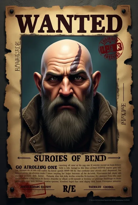 Create a wanted poster of a bald dwarf with a scar on his right eye