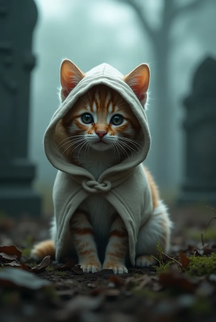  the cutest brown tiger pattern kitten in the world wearing a triangular hood and white kimono、Realistic、Lots of souls 、 graveyard、Scary atmosphere、The fog rolls in、 lots of fearsome ghosts 