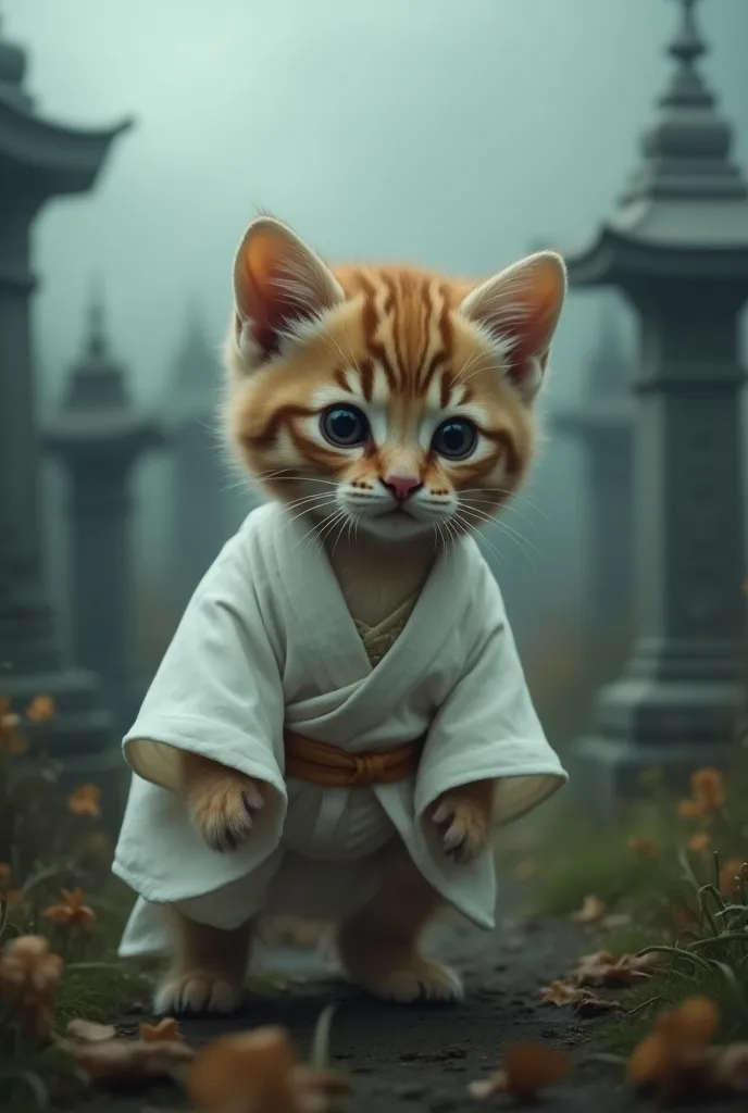 The cutest brown tiger pattern kitten in the world wearing a white kimono and a white kimono、Realistic、Lots of souls 、 graveyard、Scary atmosphere、The fog rolls in、 lots of fearsome ghosts 