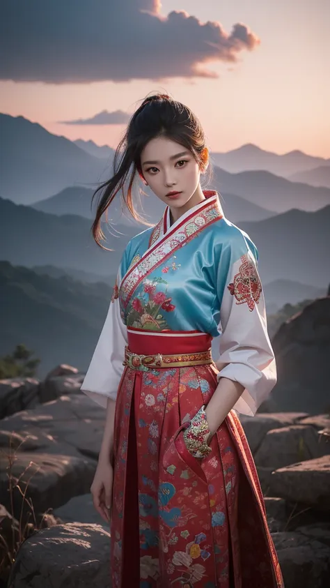 wonder beauty stands confidently in a surreal, whimsical wonderland infused with a distinctly korean aesthetic. she wears a mode...