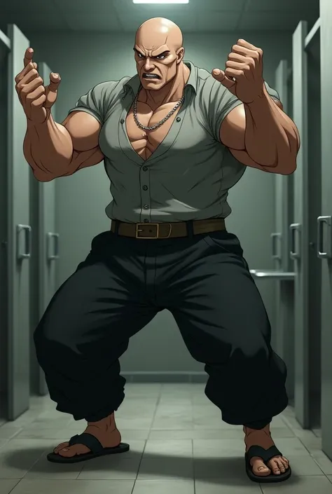 Bald Man, muscular, in Anime, wears his Gray shirt, wears his black pants, wears his black sandals on his feet, in the bathroom with bathroom stalls, hes doing his fighting pose, angrier