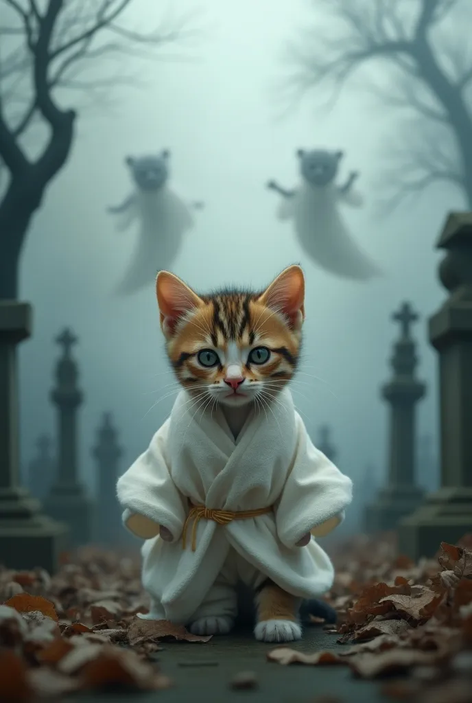  the cutest brown tiger pattern kitten in the world wearing a white kimono、Realistic、 graveyard、Scary atmosphere、The fog rolls in、 There are so many frighteningly beautiful ghosts floating behind it、A lot of human souls dance 