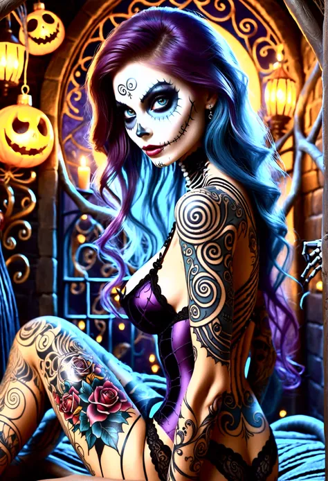 Create a hyper detailed photograph of a nightmare before Christmas tattooed young sexy stunning gorgeous sally Skellington, Stunningly perfect gorgeous face, perfect makeup,detailed vibrant eyes, long hair,detailed perfect beautiful legs, detailed perfect ...