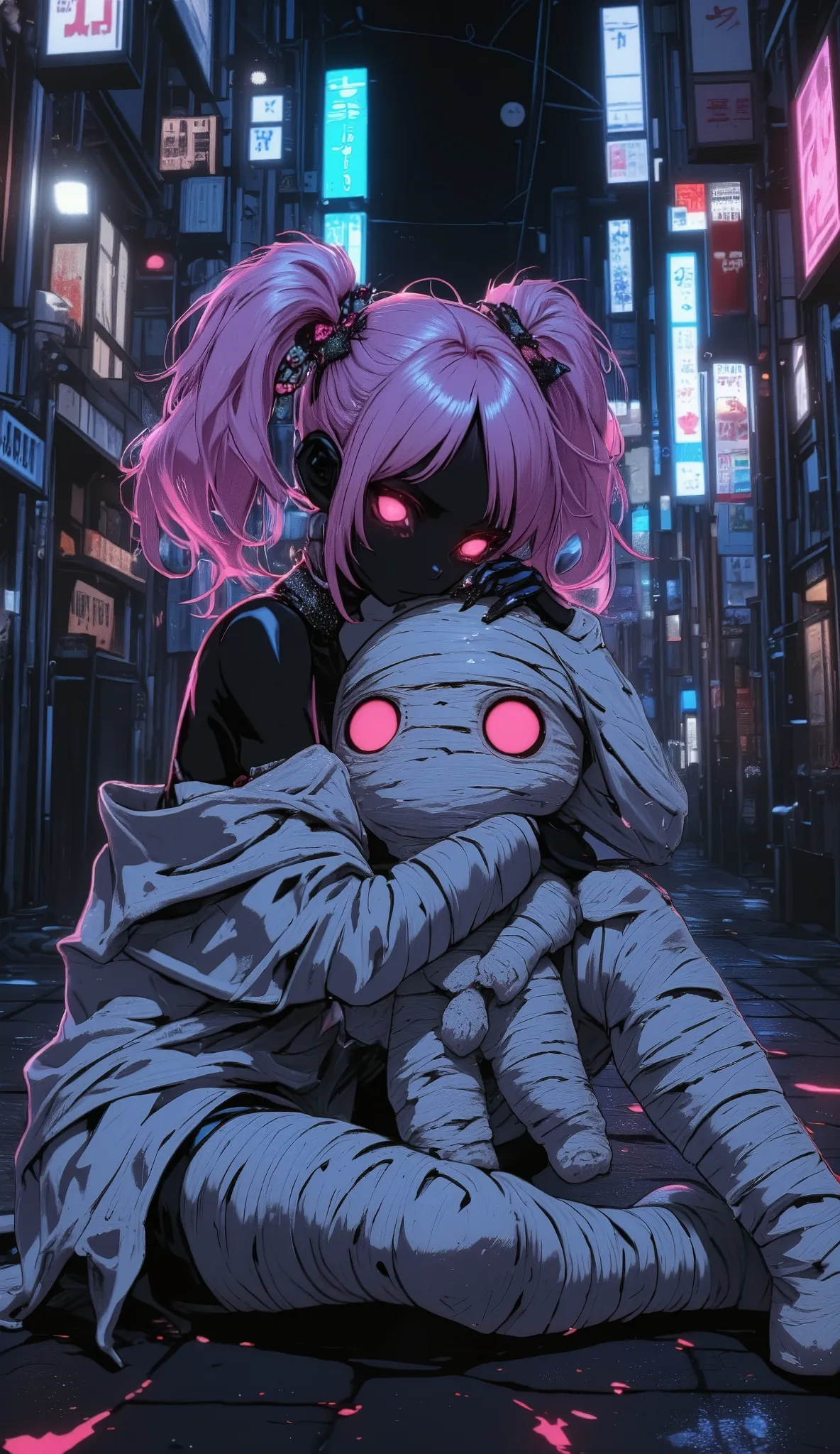 mummy-girl\(mummy,all body white bandaged, all face bandaged,hair\(black base and pink dip-dye hair,twintails,floating,rolled,detailed,shiny\),sitting on ground,breast,looking at viewer,\) is hugging doll\(rabbit\(bandaged mummy,evil\)\).background\(at alley,harajyuku\(tokyo,japan\),at night,dark\).quality\(8k,wallpaper of extremely detailed CG unit, high resolution, top-quality, top-quality real texture skin, hyper realistic, increase the resolution, RAW photos, best quality, highly detailed, the wallpaper,golden ratio,high saturation realism, vibrant colors, dramatic lighting, persuasive storytelling, atmospheric scenery, captivating visuals, intricate details, strong emotions,dreamlike world\).landscape