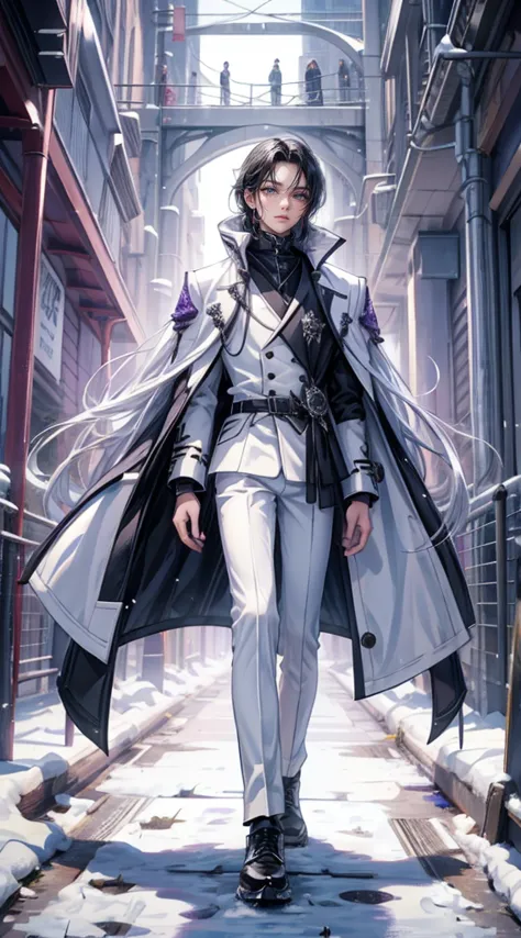 a slightly older, young man, a little athletic, 19 years old, measuring 2.00, long white hair with some strands of black hair, white skin, purple eyes having a seductive and mysterious look, wearing a white tall collar coat, long black pants and white shoe...