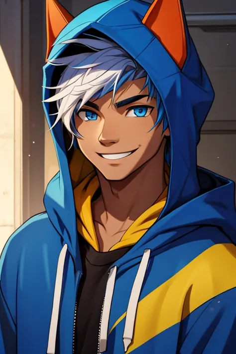 a  male teenager, two colored hair "on the sides the hair is black, and on top the hair is white", tan skin, blue eyes, wearing a blue hooded sweatshirt, no hood on his head, with a smile