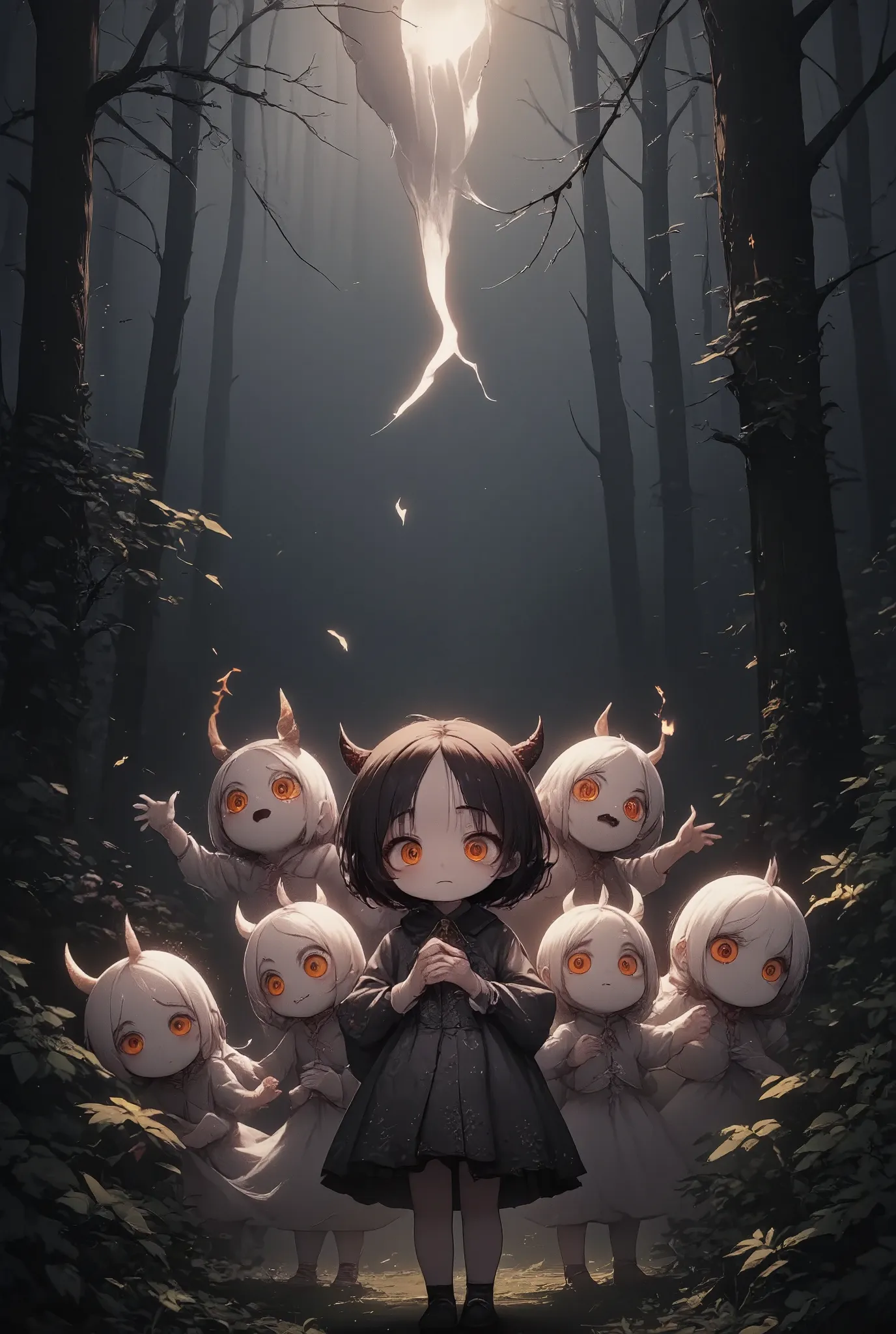 conceptual installation fantasy horror artwork, gathering of cute ghosts, full moon, line of light from the full moon, in a secl...