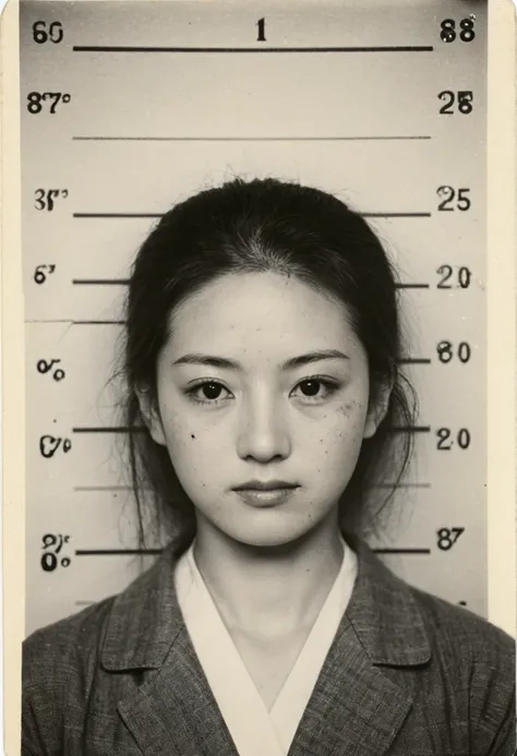 (Black and White Photography）、Mugshot、（ very beautiful woman ）、  photo taken on vintage film、Rediscovered、 grainy emotional image quality 、90年代初頭に香港に逮捕されたMugshot・バックグランドの前に立つ日本女性の腰から上の上半身写真、28 years old、 camera carrying the Matchlock gun、 small mole、small ...