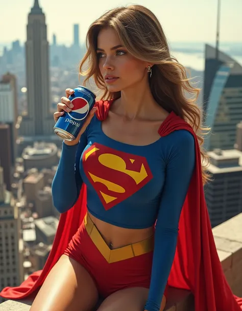 1990; Clouse-up Supergirl 1980s(((30 years old; relaxed, calm, Supergirl 1980s glued to the body; beautiful and elegant; huge breasts;  brown hair,  with some white threads))), ((Whole body)) Sitting on the edge of a building, Drinking a Pepsi Cola 