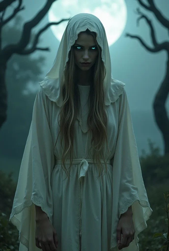 A terrifying ghostly woman, shrouded in tattered white robes, with long, flowing hair that obscures her face. Her eyes glow eerily in the dark, and her skin is pale and translucent. The background is a misty, haunted landscape with twisted trees and an ominous moonlight casting eerie shadows. The atmosphere is filled with a sense of dread and supernatural horror.