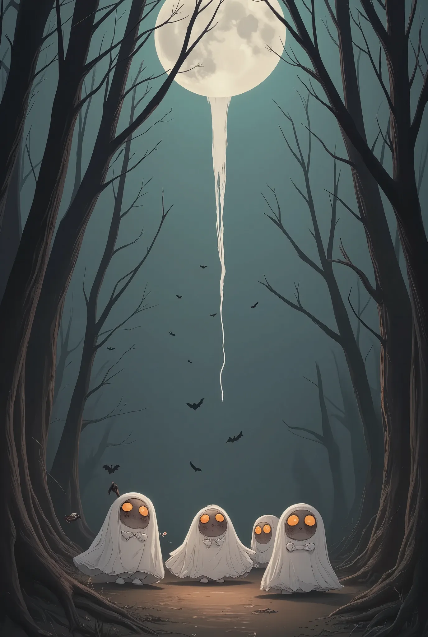 conceptual installation fantasy horror artwork, gathering of cute ghosts, full moon, line of light from the full moon, in a secluded forest, various effects, delicate and dynamic textures, contrasts of light and shadow, ultra detailed, absolutely resolutio...