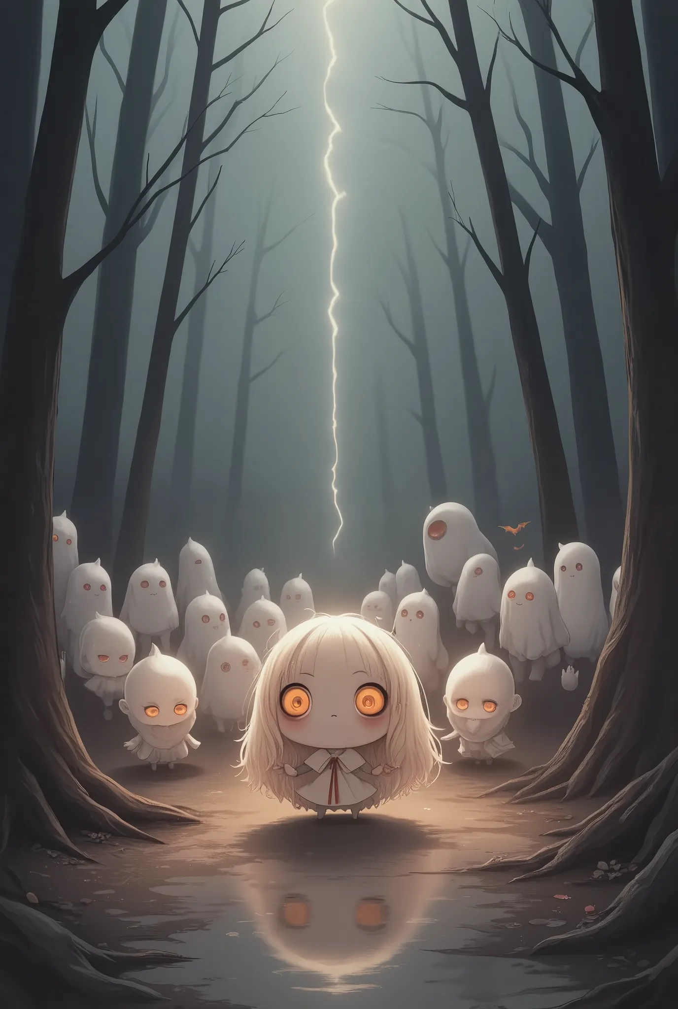 conceptual installation fantasy horror artwork, gathering of cute ghosts, full moon, line of light from the full moon, in a secluded forest, various effects, delicate and dynamic textures, contrasts of light and shadow, ultra detailed, absolutely resolution, best quality