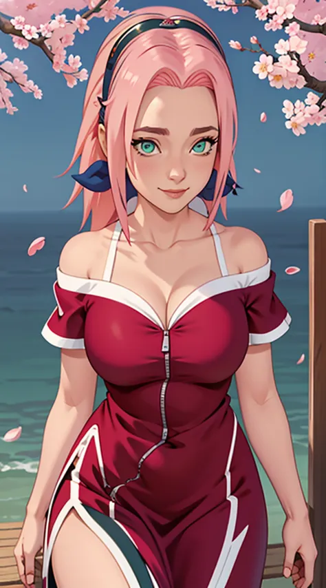 tmasterpiece， best quality at best， 1girll， sakura haruno， large breasts，off-the-shoulder attire，（cleavage)，（upperbody closeup)，...