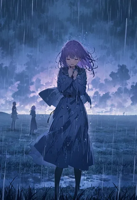 ((anime))、pastel、 woman,purple hair,navy clothes, crying,in the rain,standing on the plains,