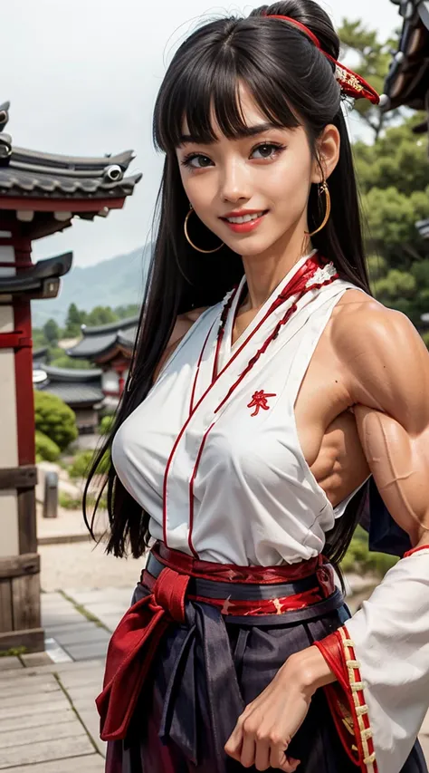 (muscular:2),
(asian female:1.4), (long black hair:1.2), (pale skin), (big smile:1.5), (blunt bangs:1.3),
(red lipstick, eyeshadow, red lips, beauty mark:1.3),
hard nipples,
choker, (hakama:2),
looking at viewer, (three quarter view), upper body view,
(anc...