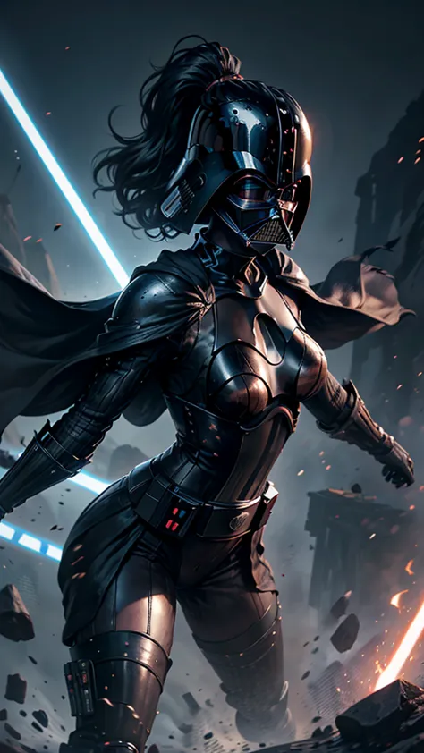 realista 1.2, pose sensual, athletic body, cintura fina, breasts big, female dark trooper, capa preta, starwars. samurai. armour...