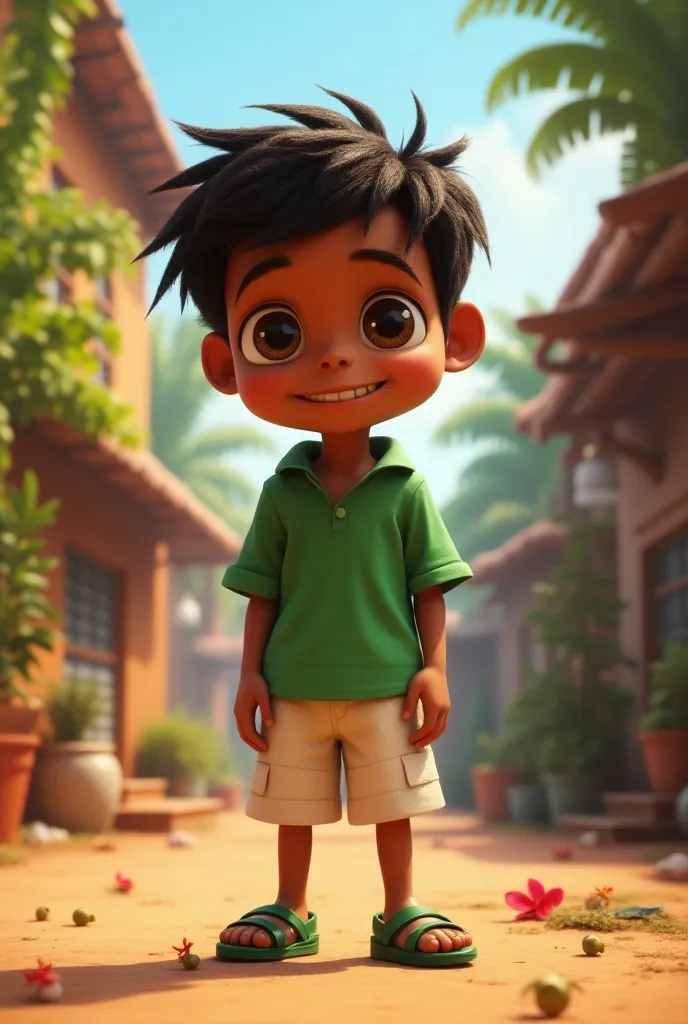 A Disney Pixar-Inspired movie poster with title “(Júlio)”.“(dark-skinned boy, with brown eyes wearing a green shirt and white shorts, and green sandals)”The scene should be in the distinct digital art style of pixar, wit