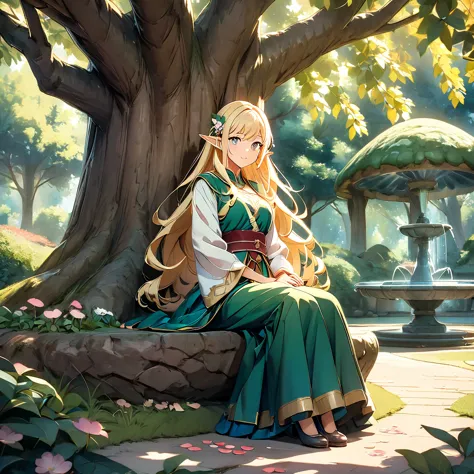 beautiful elf girl in the deep forest,  extremely detailed faces playing in the fountain square, long flowing hair,  strange fac...