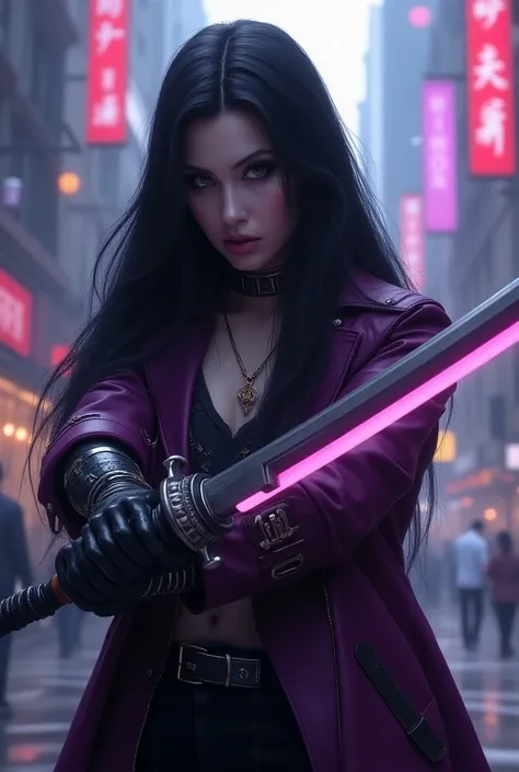 beautiful woman, antihero dressed in black and purple, laser katana sword in hand,  white skin,  Long black hair , portrait, Jeff Bridges, ((Estilo de dibujos animados)),  Marvel Cinematic Universe Style , ((( cyberpunk city background))), soft bokeh of a ...