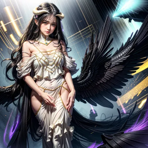 Albedo, full body, Masterpiece, Best quality, Ultra-detailed, illustration, epic lighting, Cinematic composition, isometry,(hexagons:1.2), 1girll, Horns, Solo, Yellow eyes, Black hair, Long hair, (Low wing:1.2), Large cleavage, Bare shoulders, hair between...