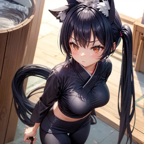 (((butt sticking out of leggings)))　kimono　short leggings　　huge breasts　coffee in a paper cup　cat ears