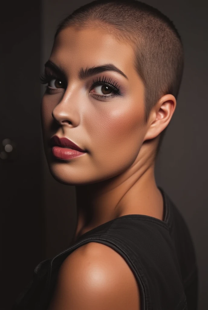 cinematic portrait, a bald woman with a clean shaved head no hair at all 5 o'clock shadow for hair, detailed, hyper realistic, p...