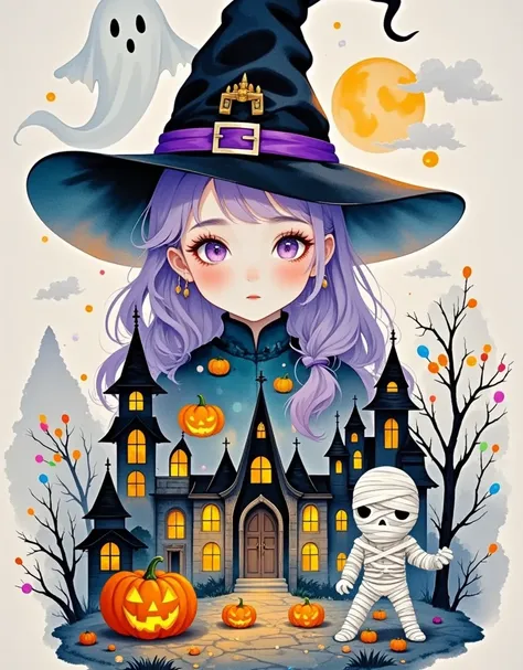 1wsjsm1, western-style ，水墨blooming， cute witch avatar silhouette with halloween western-style architecture and pumpkin lanterns，...