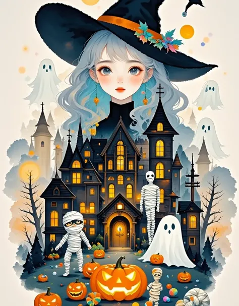 western-style ，水墨blooming， cute witch avatar silhouette with halloween western-style architecture and pumpkin lanterns，candy，gho...