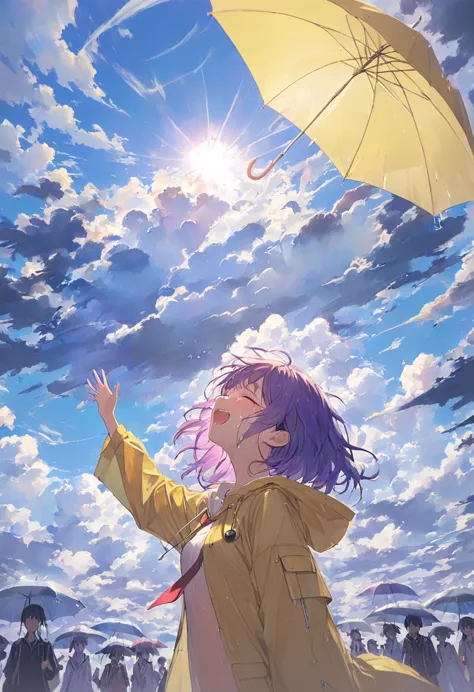 ((anime))、pastel、 woman,student,Holding an umbrella,Reaching for the sky, white cutter shirt ,Undressed,Red tie, Yellow Raincoat,Purple Hair, crying,Laughing and crying,Clear sky, Light Through the Clouds ,Black Cloud,Mystical Masterpiece ,Best Quality,Exquisite,8k, absurd with 22 people, super detailed illustrations,( watching the audience)