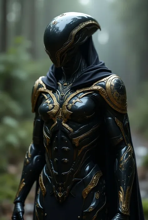 alien, belo, with black technological armor with gold details and symbols.