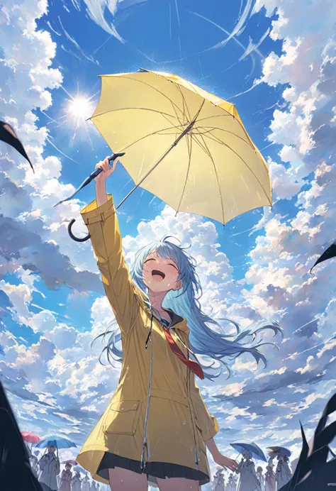 ((anime))、pastel、 woman,student,Holding an umbrella,Reaching for the sky, white cutter shirt ,Undressed,Red tie, Yellow Raincoat,Light blue hair, crying,Laughing and crying,Clear sky, Light Through the Clouds ,Black Cloud,Mystical Masterpiece ,Best Quality,Exquisite,8k, absurd with 22 people, super detailed illustrations,( watching the audience)