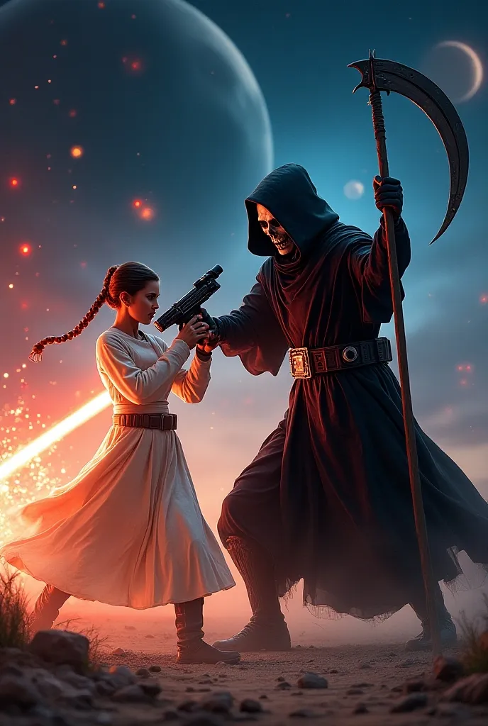 A fierce battle between Princess Leia wielding a futuristic laser gun and a menacing Grim Reaper. The scene is set in a sci-fi environment, with vibrant energy blasts and dramatic lighting. Princess Leia is in a dynamic pose, showcasing her determination, while the Grim Reaper looms with a dark aura, scythe in hand. The background features a starry sky and distant planets, enhancing the epic feel of the confrontation.