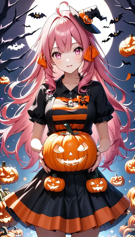 a girl with pink hair and pink eyes in a halloween theme holding a pumpkin and wearing a black and orange striped shirt as a ski...